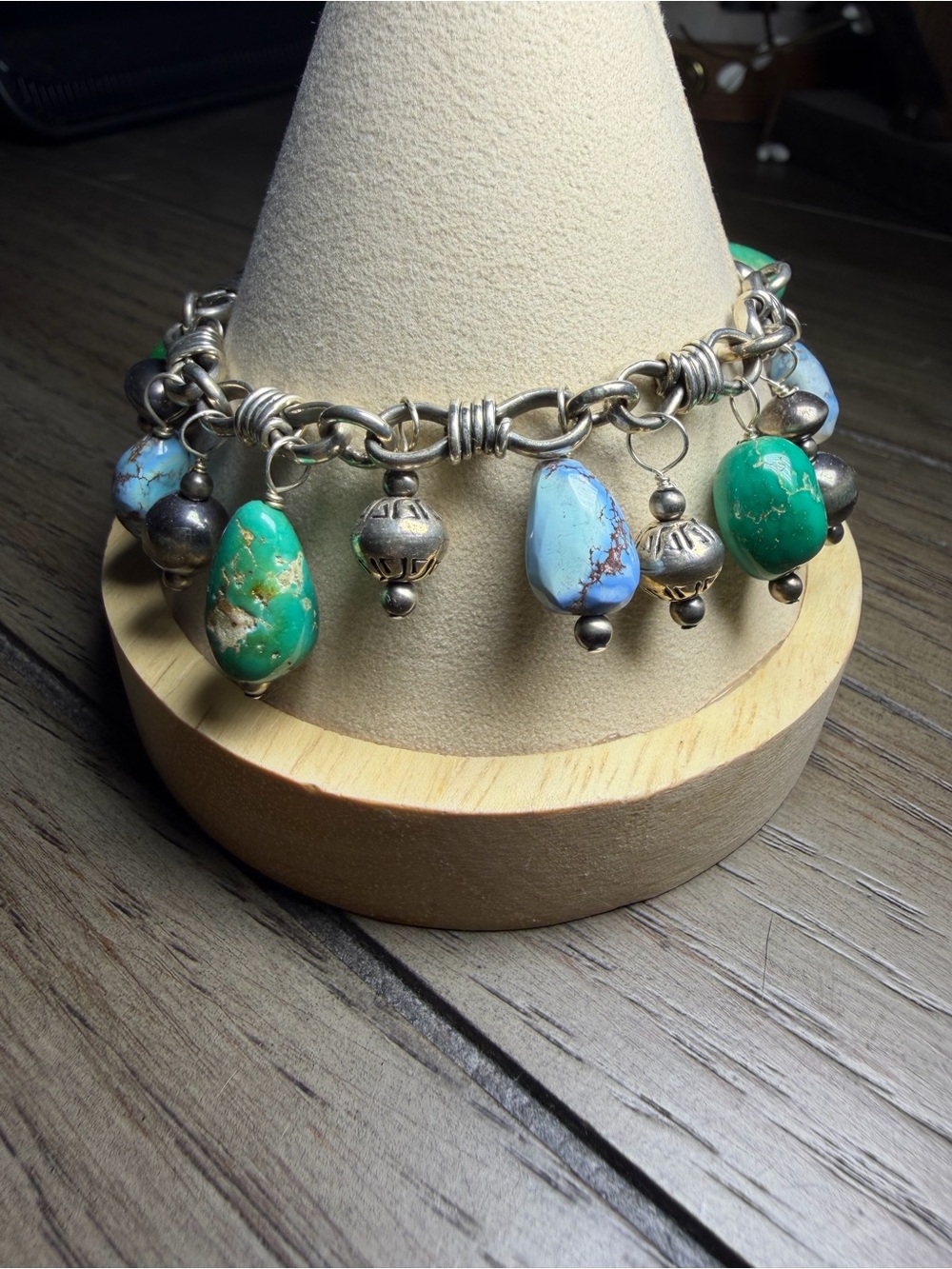 Handmade Sterling Silver Charm Bracelet with Sonoran & Golden Hills Turquoise